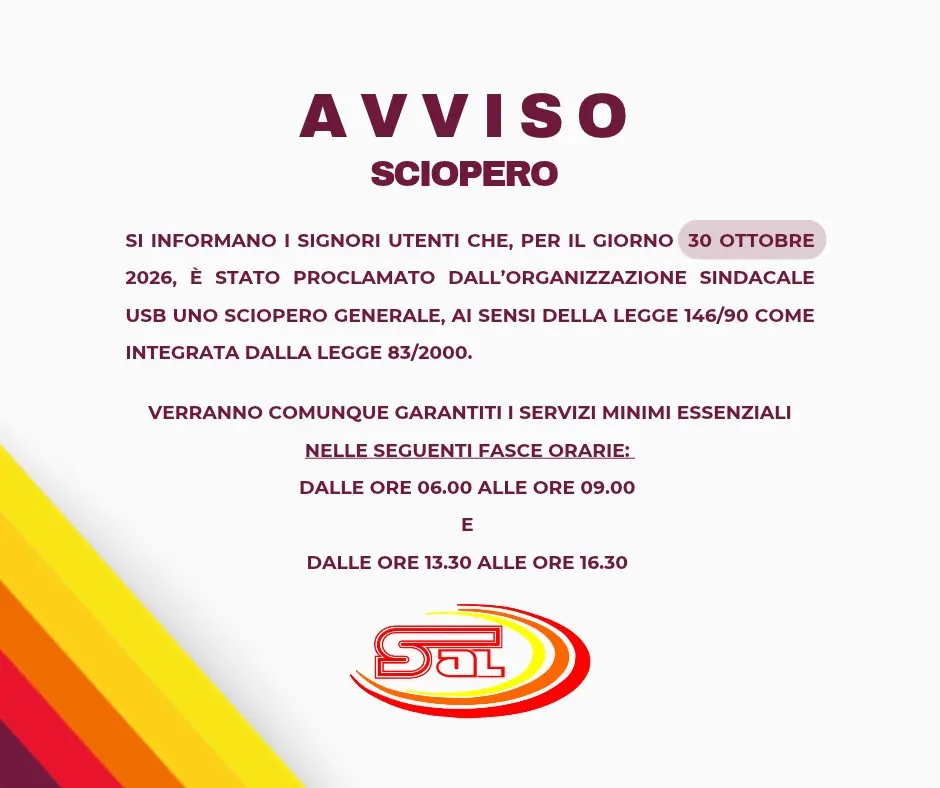 AVVISO DI SCIOPERO – 30 OTTOBRE 2026